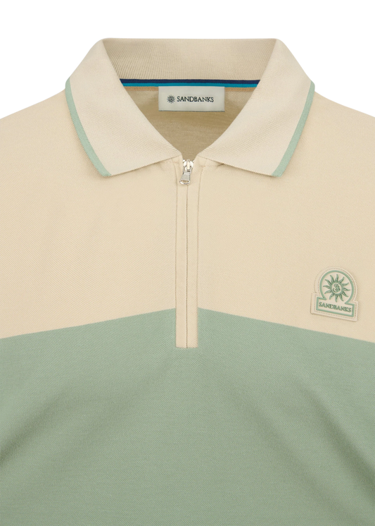 SANDBANKS BADGE LOGO 1/4 ZIP COLOURBLOCK POLO SHIRT SAGE GREEN 2XL RRP £125 NEW