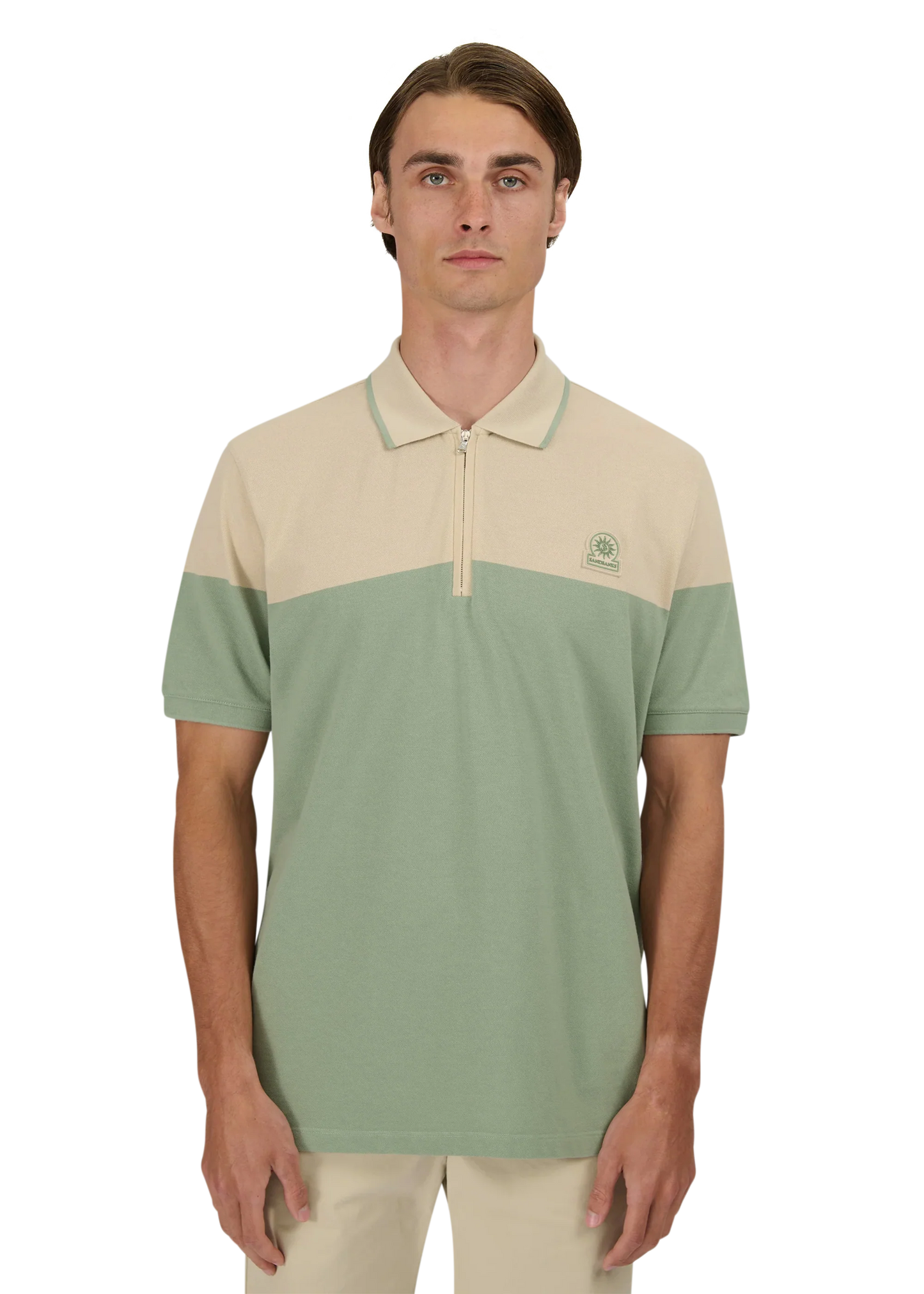 SANDBANKS BADGE LOGO 1/4 ZIP COLOURBLOCK POLO SHIRT SAGE GREEN 2XL RRP £125 NEW
