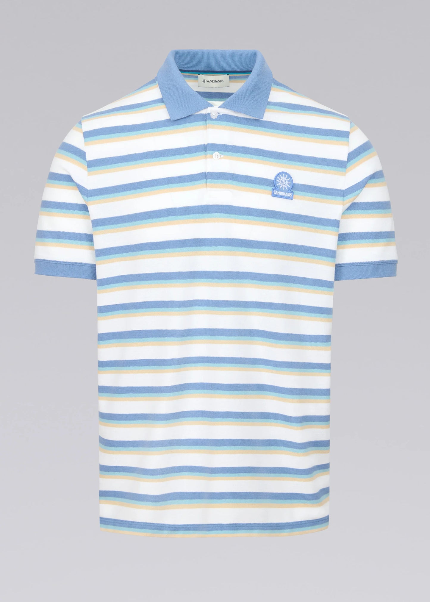 SANDBANKS BADGE LOGO TRI COLOUR FADE STRIPE POLO SHIRT WHITE LARGE RRP £115 BNWT