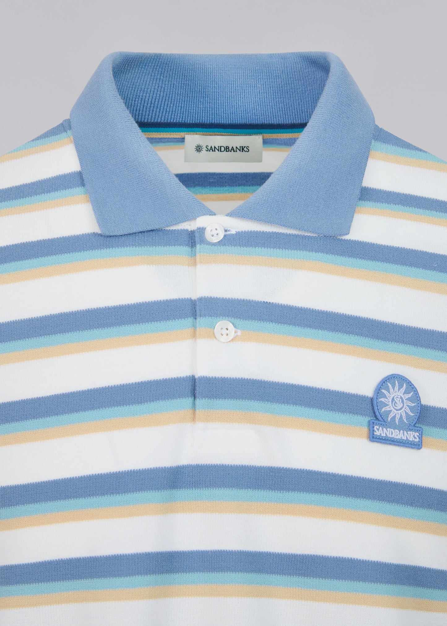 SANDBANKS BADGE LOGO TRI COLOUR FADE STRIPE POLO SHIRT WHITE LARGE RRP £115 BNWT