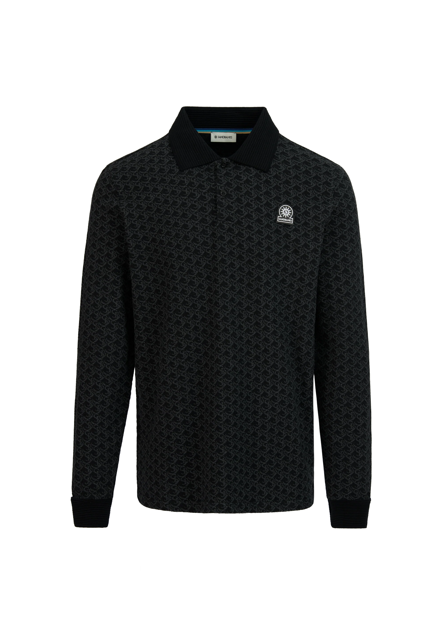 SANDBANKS JACQUARD MONOGRAM PRINT LONG SLEEVE POLO SHIRT BLACK 3XL RRP £150 BNWT