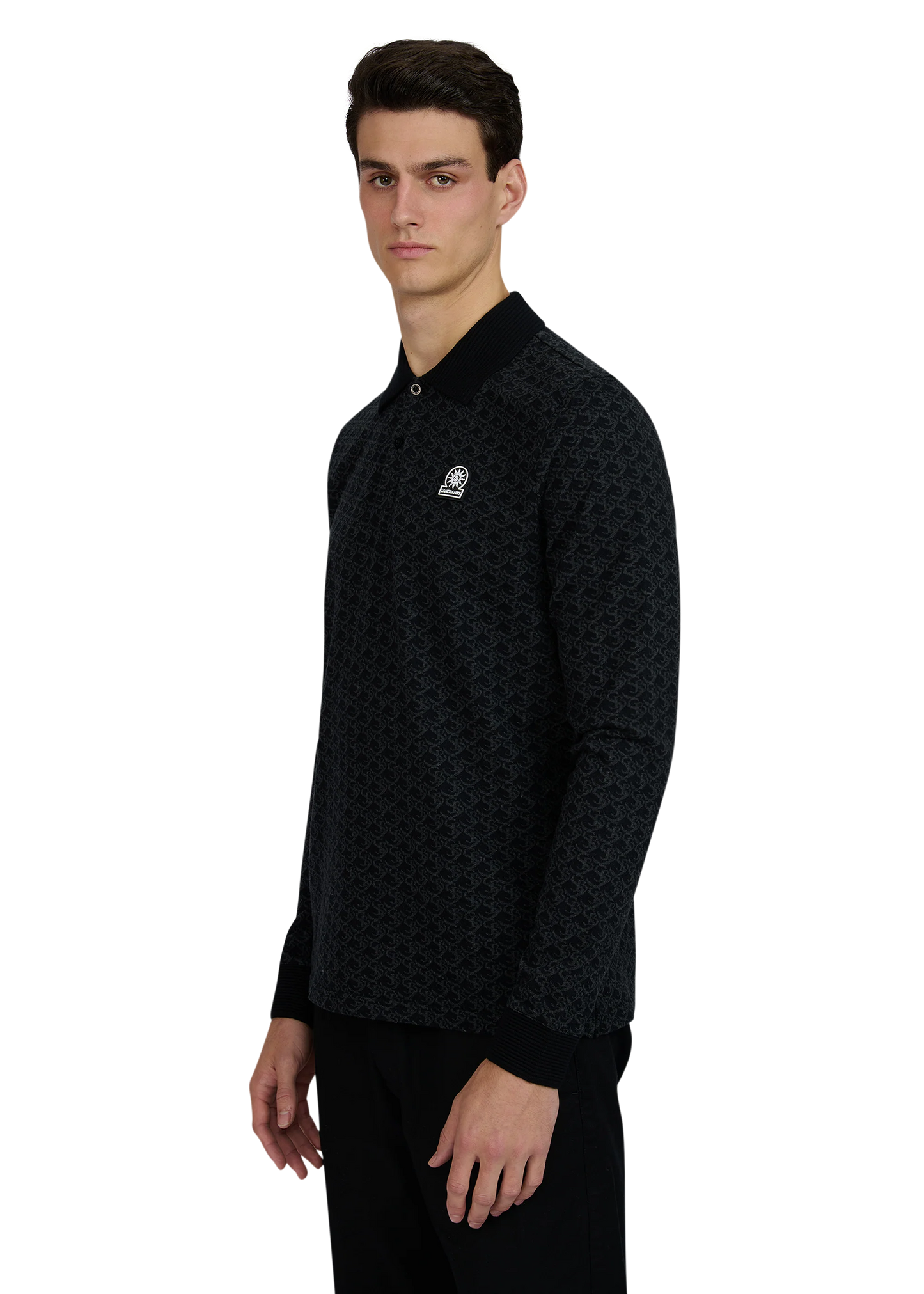 SANDBANKS JACQUARD MONOGRAM PRINT LONG SLEEVE POLO SHIRT BLACK 3XL RRP £150 BNWT