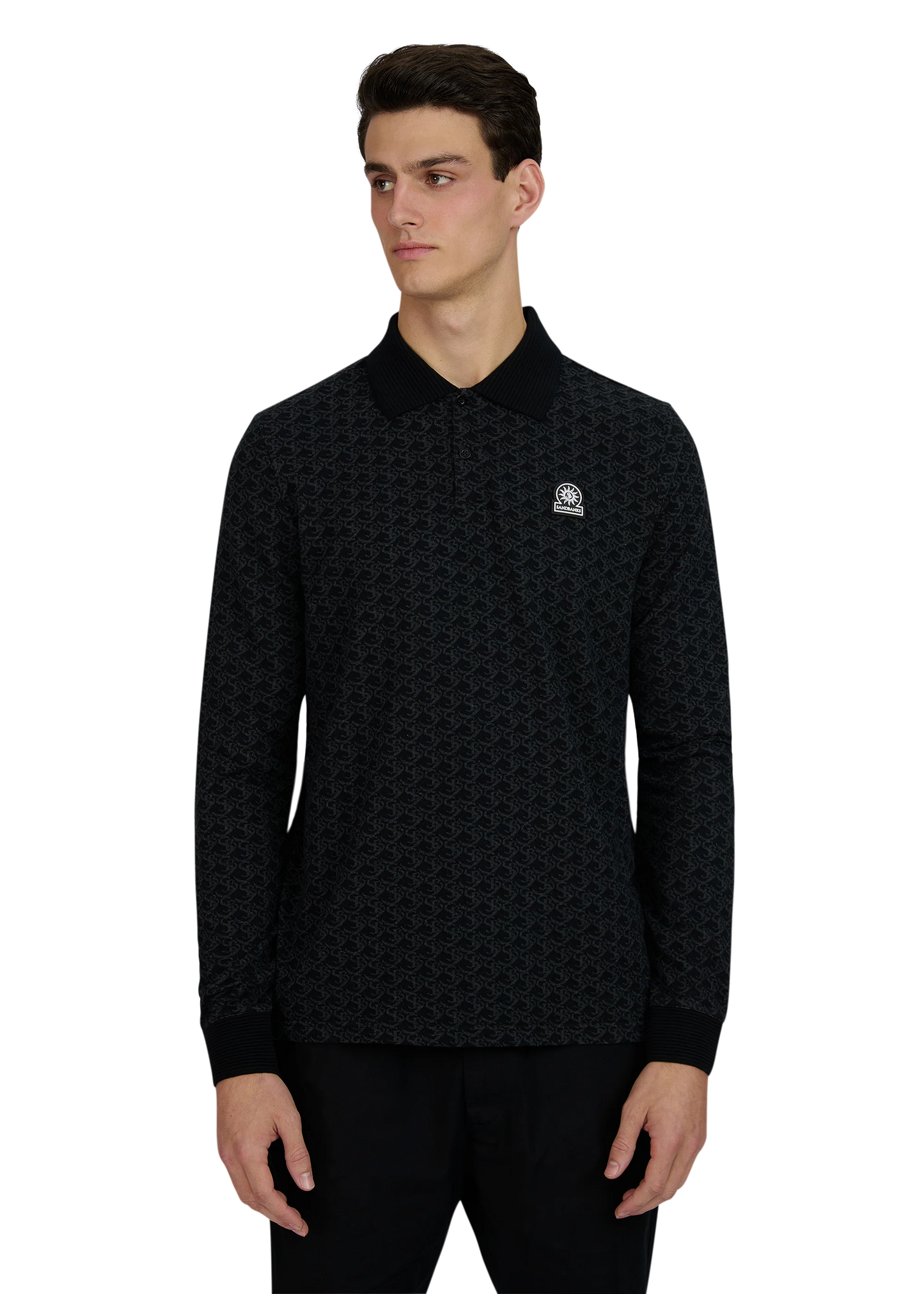 SANDBANKS JACQUARD MONOGRAM PRINT LONG SLEEVE POLO SHIRT BLACK 3XL RRP £150 BNWT