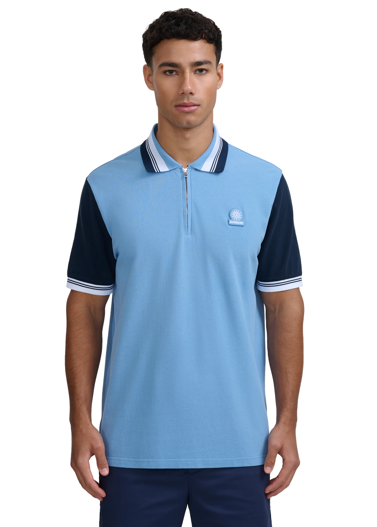 SANDBANKS CONTRAST SLEEVE & COLLAR ZIPPED POLO SHIRT DUSTY BLUE 2XL RRP £130 NEW