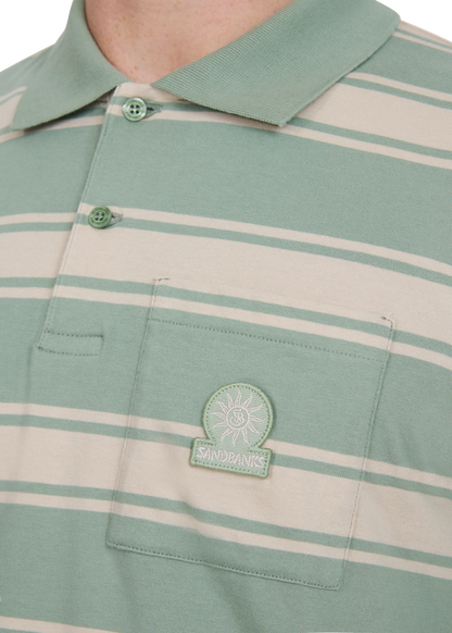 SANDBANKS STRIPE POCKET COTTON POLO SHIRT SAGE GREEN RRP £125 BNWT