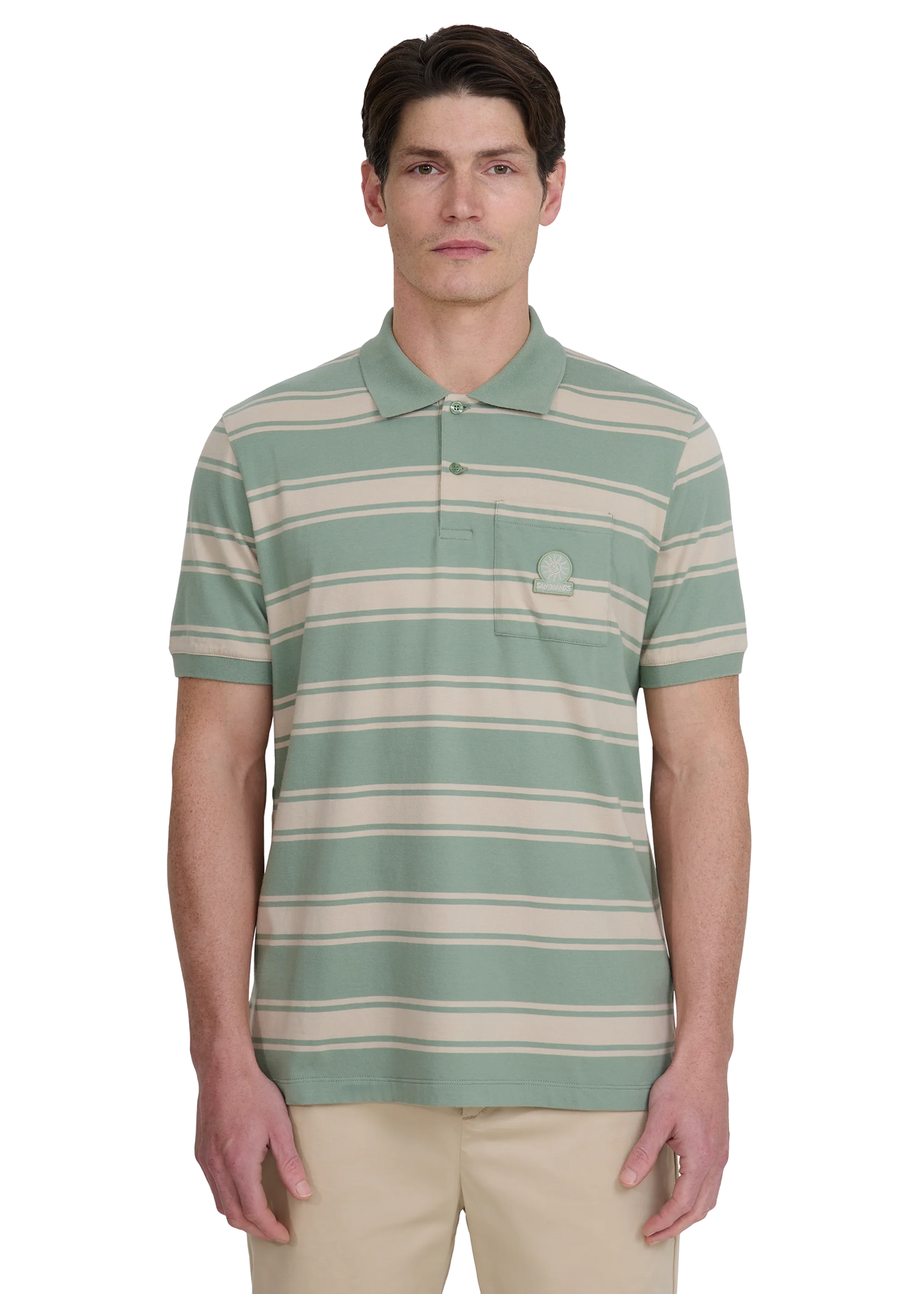 SANDBANKS STRIPE POCKET COTTON POLO SHIRT SAGE GREEN RRP £125 BNWT