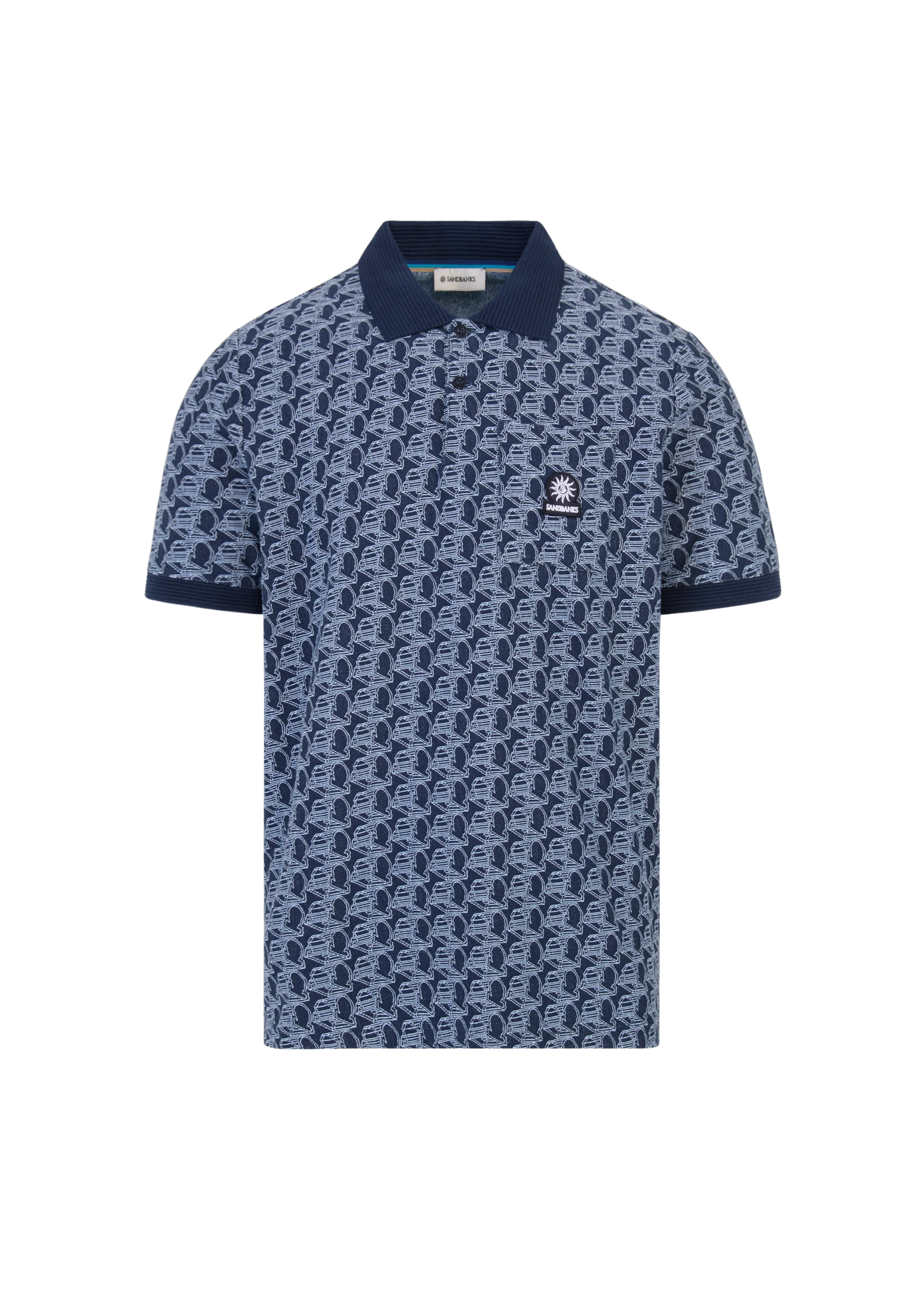 SANDBANKS JACQUARD COTTON MONOGRAM LOGO POLO SHIRT NAVY BLUE RRP £135 BNWT