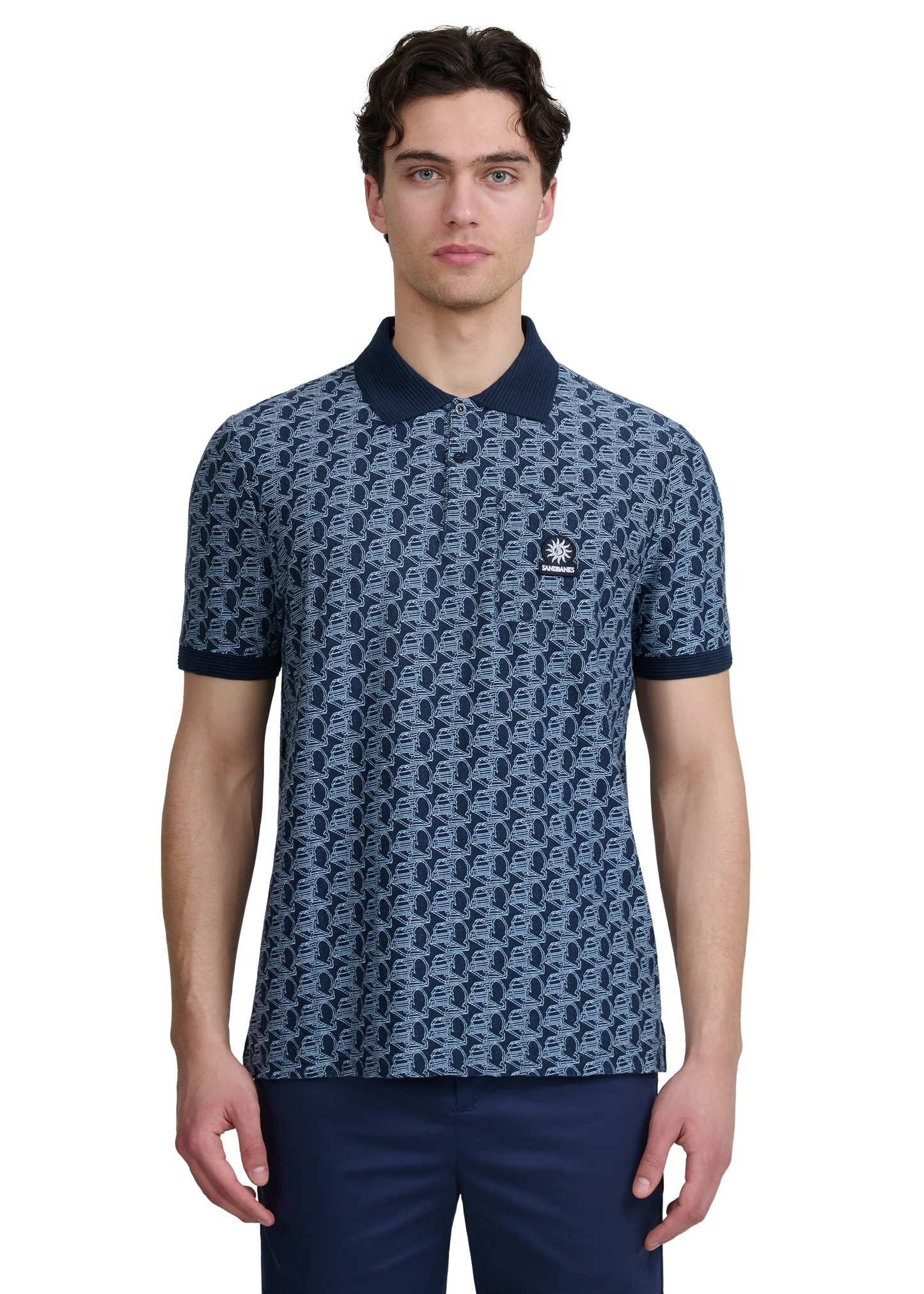 SANDBANKS JACQUARD COTTON MONOGRAM LOGO POLO SHIRT NAVY BLUE RRP £135 BNWT
