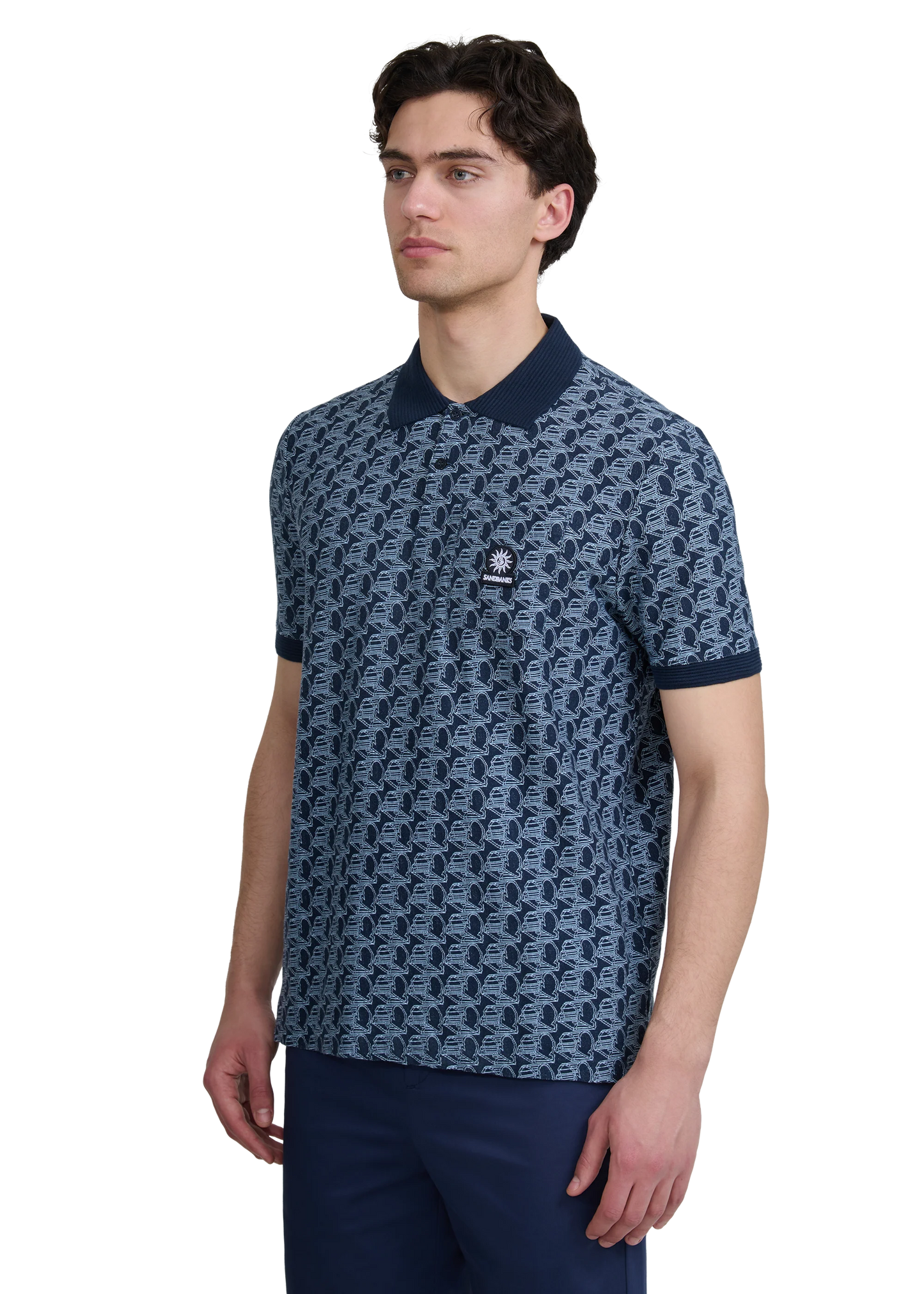 SANDBANKS JACQUARD COTTON MONOGRAM LOGO POLO SHIRT NAVY BLUE RRP £135 BNWT