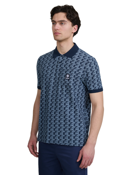 SANDBANKS JACQUARD COTTON MONOGRAM LOGO POLO SHIRT NAVY BLUE RRP £135 BNWT