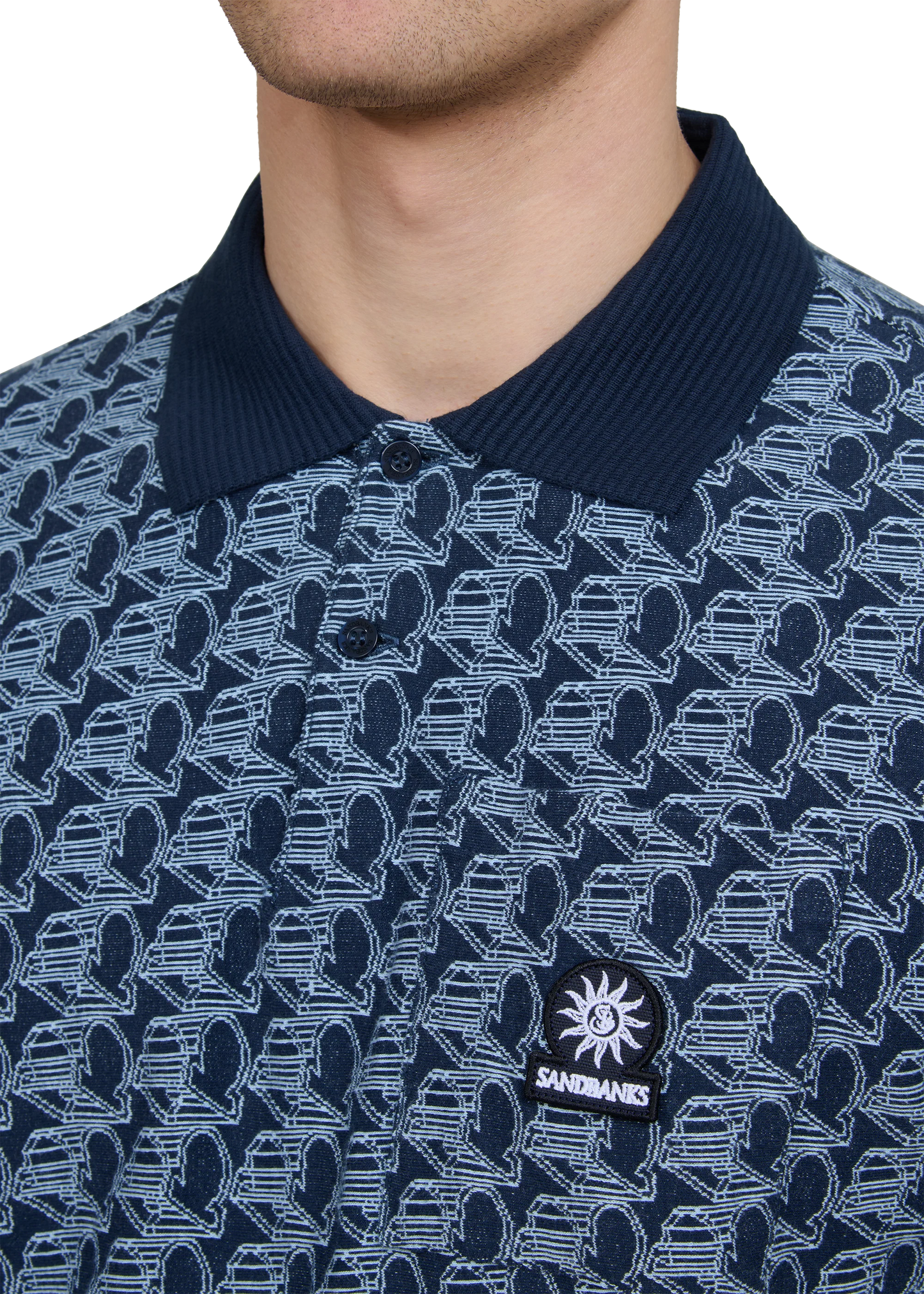 SANDBANKS JACQUARD COTTON MONOGRAM LOGO POLO SHIRT NAVY BLUE RRP £135 BNWT