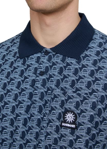 SANDBANKS JACQUARD COTTON MONOGRAM LOGO POLO SHIRT NAVY BLUE RRP £135 BNWT