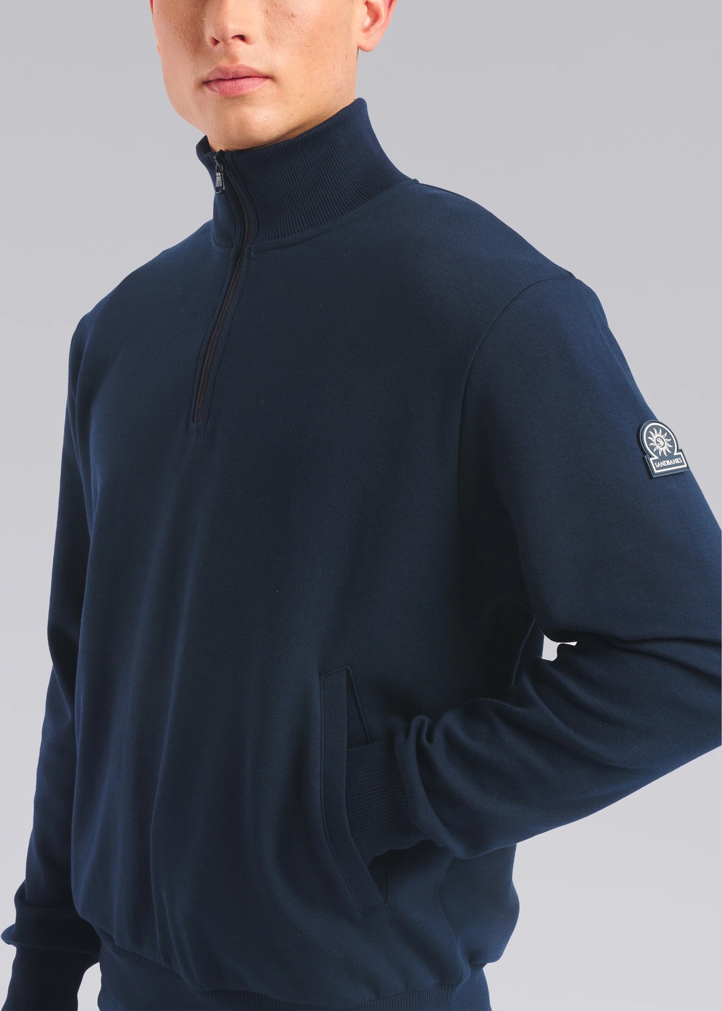 SANDBANKS BADGE LOGO INTERLOCK COTTON 1/4 ZIP SWEATSHIRT NAVY 2XL RRP £185 BNWT