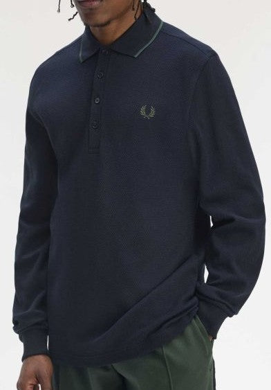 FRED PERRY TEXTURED TIP PIQUE COTTON LONG SLEEVE POLO SHIRT NAVY XL RRP £95 BNWT