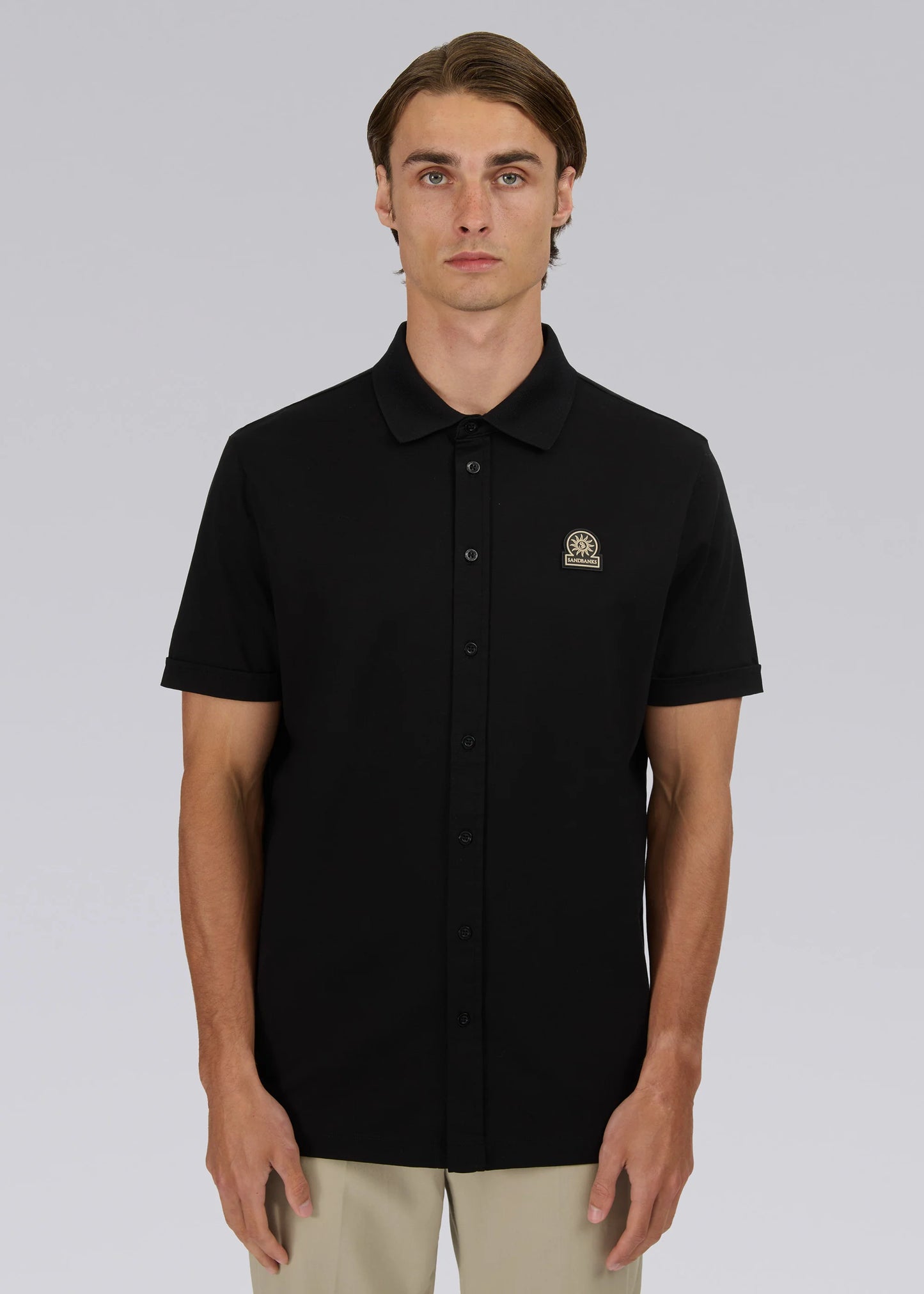 SANDBANKS BADGE LOGO INTERLOCK COTTON BUTTON UP POLO SHIRT BLACK XL RRP £155 BNWT (Copy)
