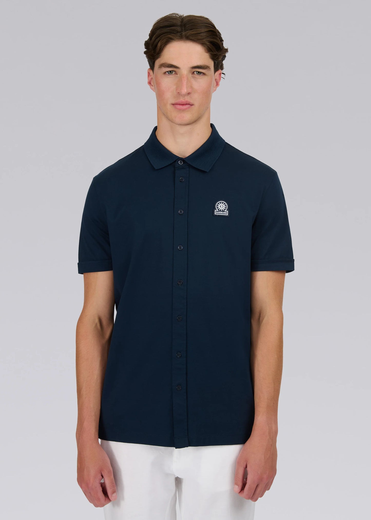SANDBANKS BADGE LOGO INTERLOCK COTTON BUTTON UP POLO SHIRT NAVY XL RRP £155 BNWT (Copy) (Copy)