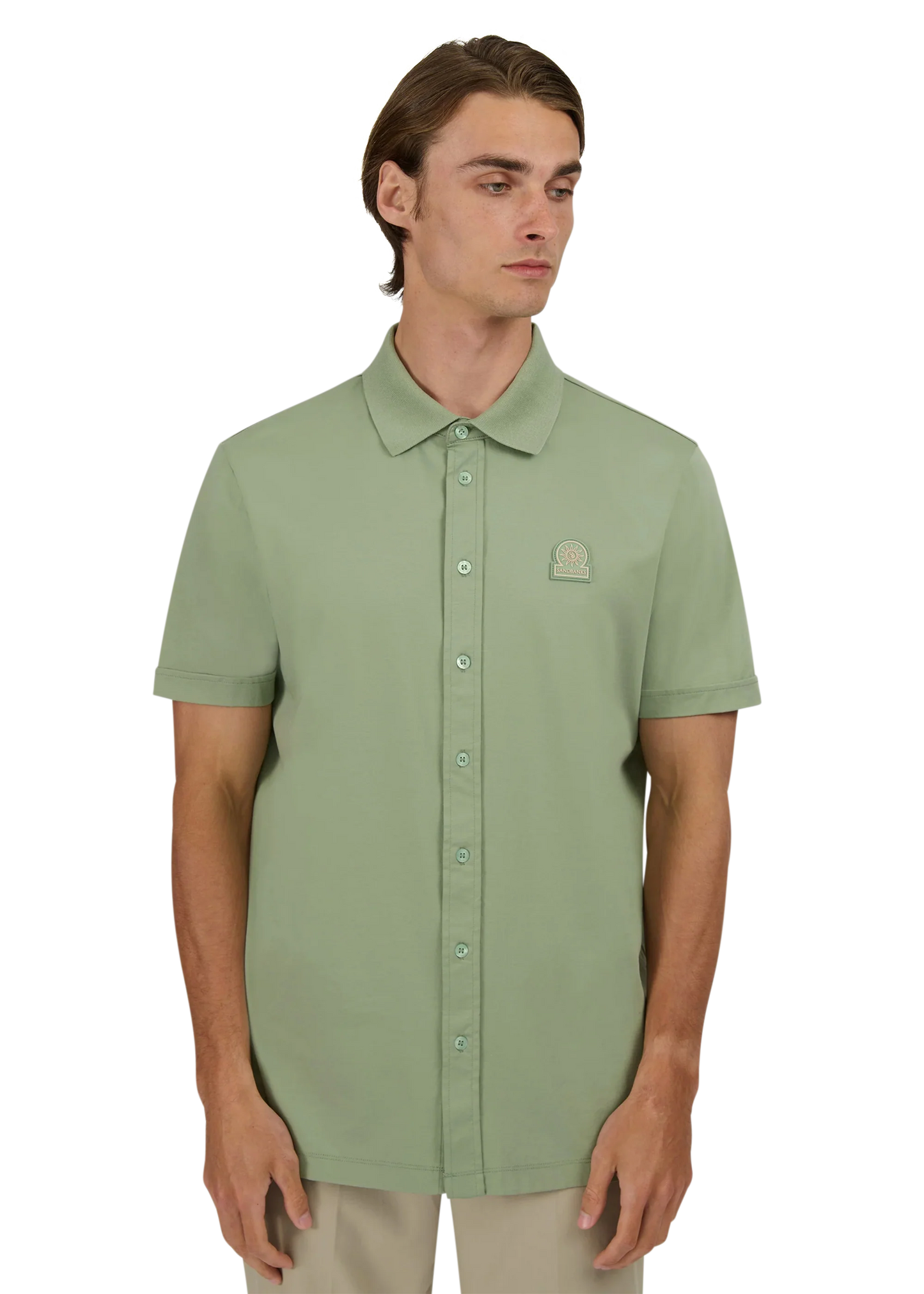 SANDBANKS FULL BUTTON INTERLOCK COTTON POLO SHIRT SAGE GREEN RRP £155 BNWT
