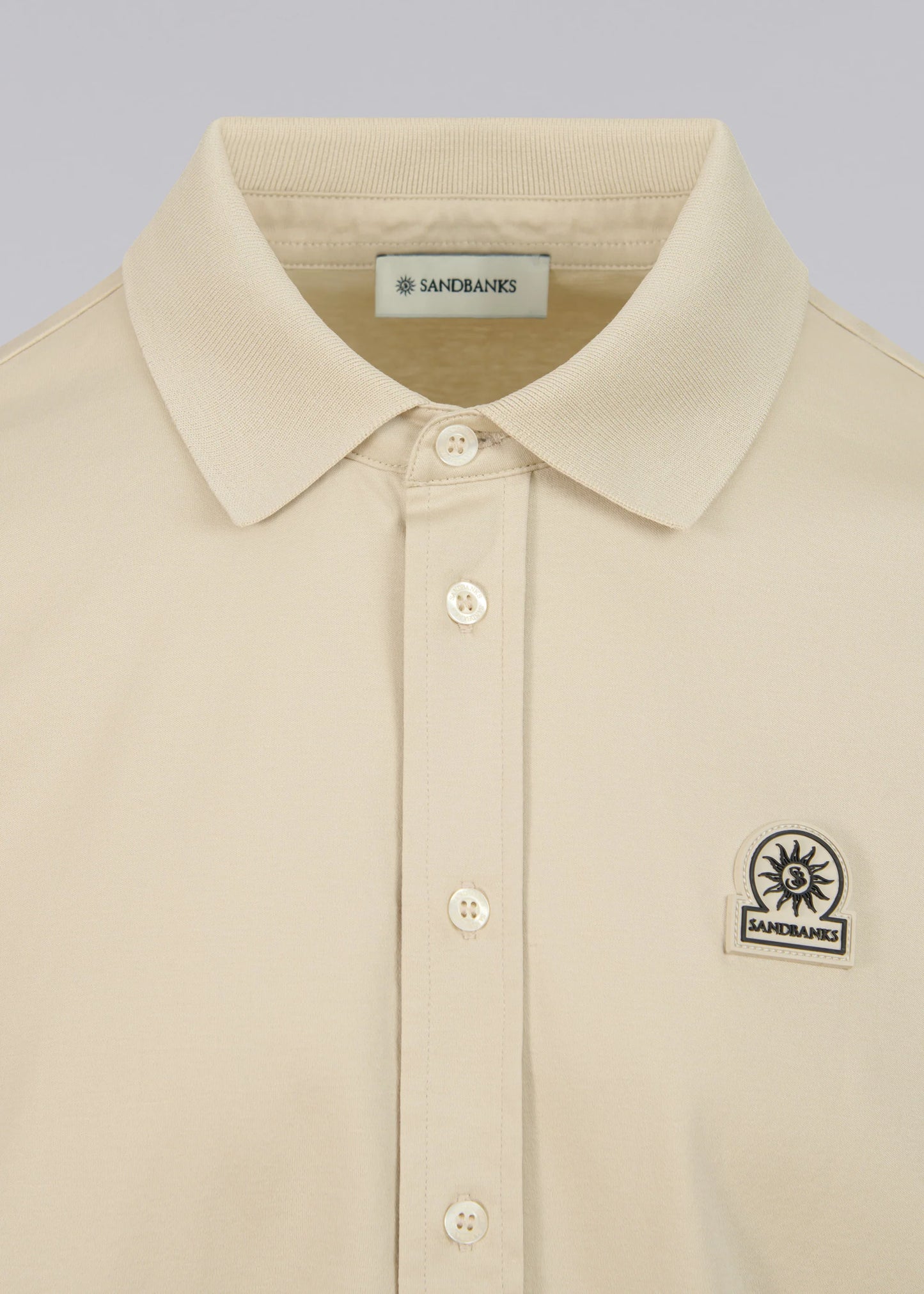 SANDBANKS BADGE LOGO INTERLOCK COTTON BUTTON UP POLO SHIRT STONE LARGE RRP £155 BNWT