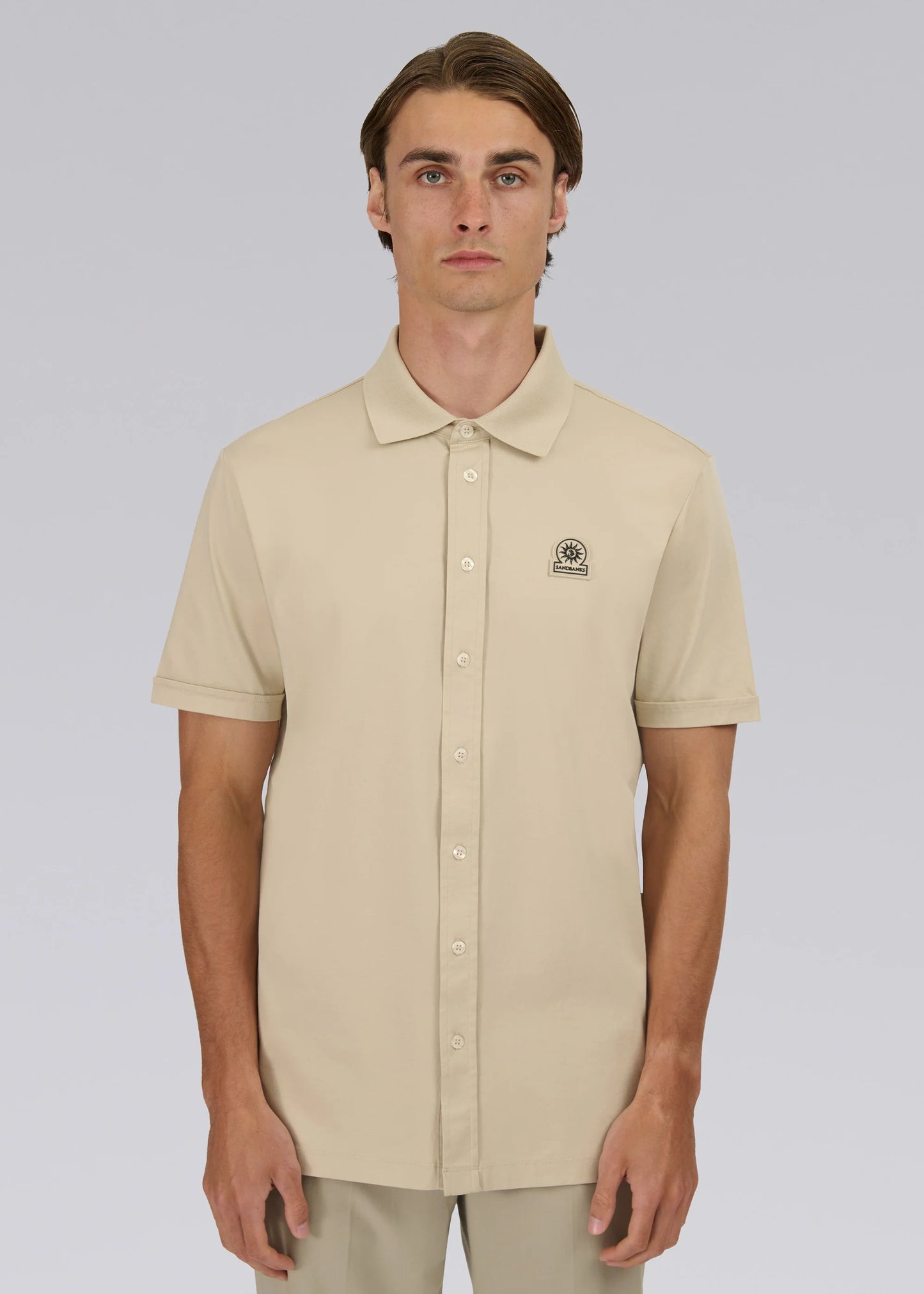 SANDBANKS BADGE LOGO INTERLOCK COTTON BUTTON UP POLO SHIRT STONE LARGE RRP £155 BNWT
