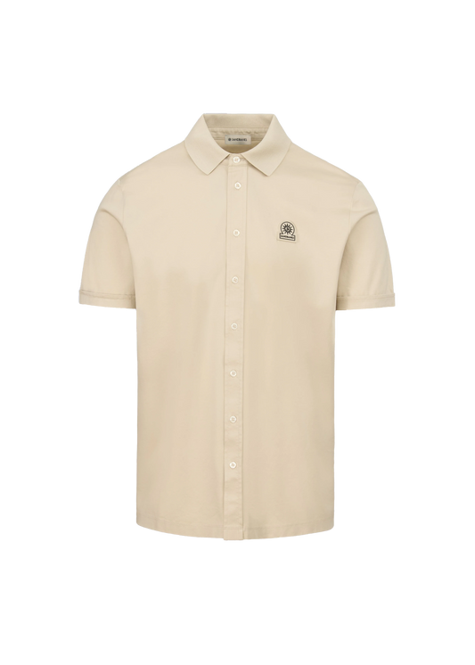 SANDBANKS BADGE LOGO INTERLOCK COTTON BUTTON UP POLO SHIRT STONE LARGE RRP £155 BNWT
