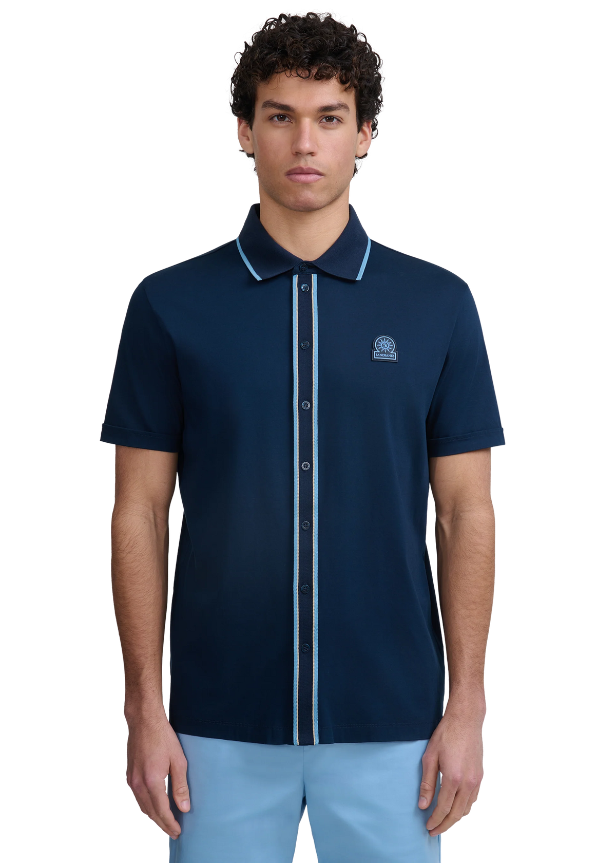 SANDBANKS CONTRAST TIPPED INTERLOCK COTTON SHIRT NAVY 2XL RRP £165 BNWT