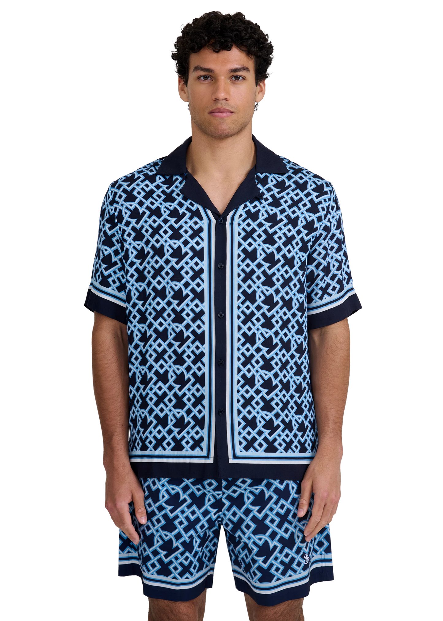 SANDBANKS MOSAIC RESORT VISCOSE SHIRT NAVY LARGE RRP £195 BNWT