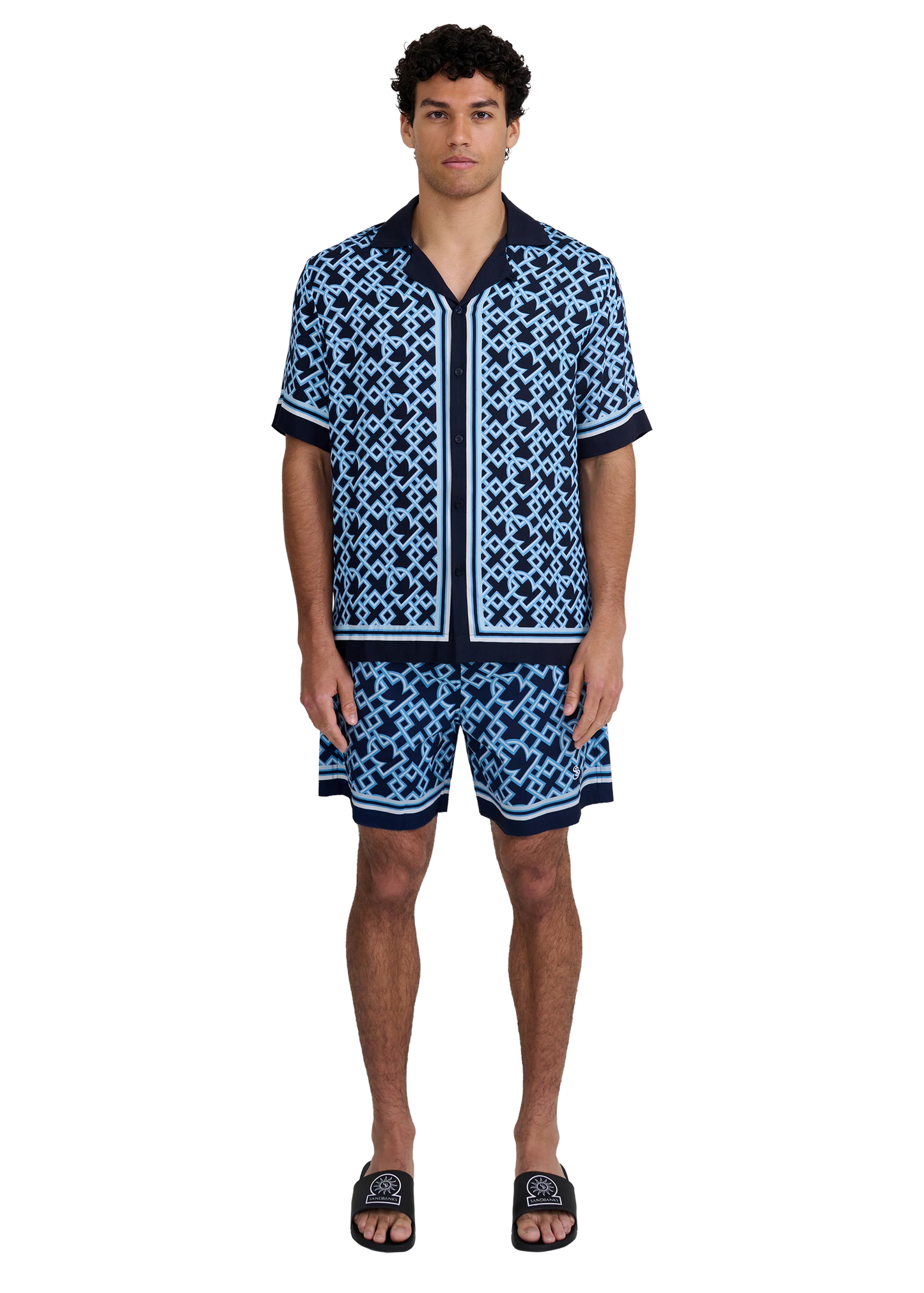 SANDBANKS MOSAIC RESORT VISCOSE SHIRT NAVY LARGE RRP £195 BNWT