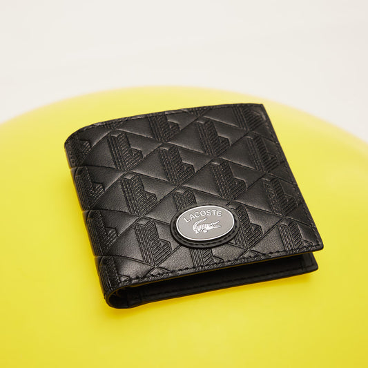 LACOSTE MONOGRAM LEATHER BI-FOLD WALLET BLACK RRP £105 BNWT & BOX