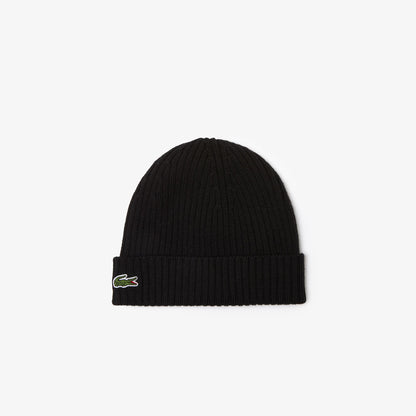 LACOSTE CROCODILE LOGO WOOL RIBBED BEANIE HAT BLACK RRP £50 BNWT