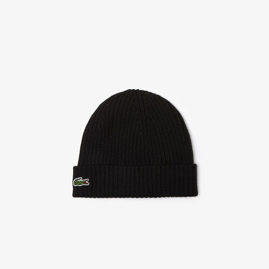 LACOSTE CROCODILE LOGO WOOL RIBBED BEANIE HAT BLACK RRP £50 BNWT