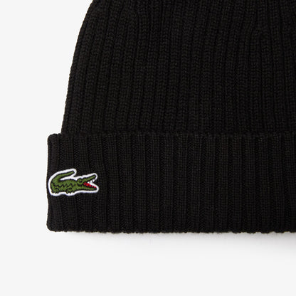 LACOSTE CROCODILE LOGO WOOL RIBBED BEANIE HAT BLACK RRP £50 BNWT