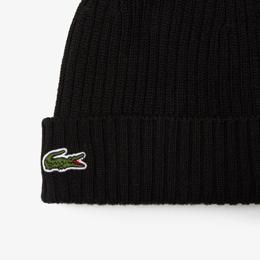 LACOSTE CROCODILE LOGO WOOL RIBBED BEANIE HAT BLACK RRP £50 BNWT
