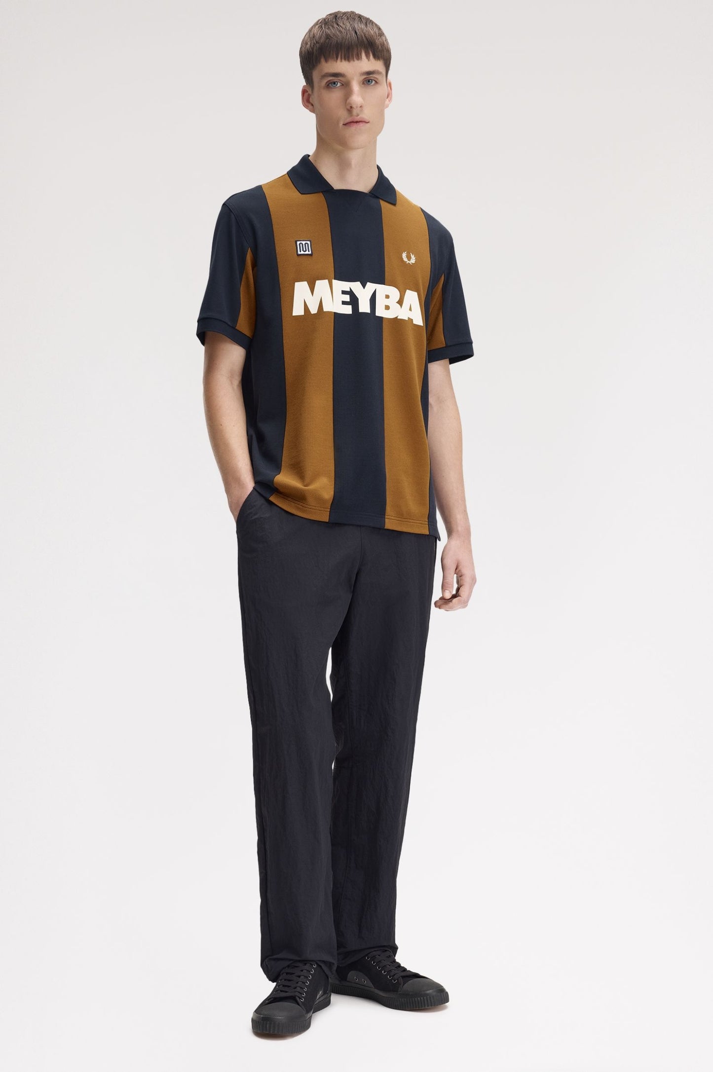 FRED PERRY X MEYBA PIQUE COTTON STRIPED POLO SHIRT BLACK/BROWN XL RRP £99 BNWT