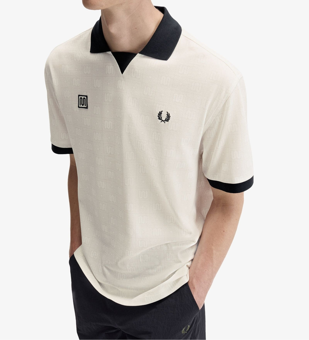 FRED PERRY X MEYBA PRINTED POLO SHIRT ECRU/BLACK MEDIUM RRP £110 BNWT