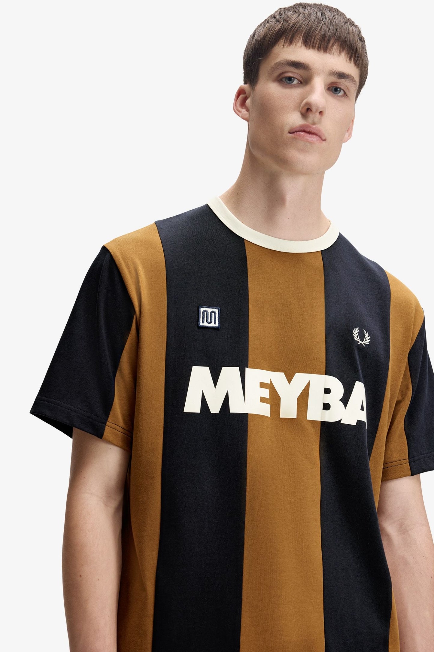 FRED PERRY X MEYBA PIQUE COTTON STRIPED T-SHIRT BLACK/BROWN XL RRP £85 BNWT