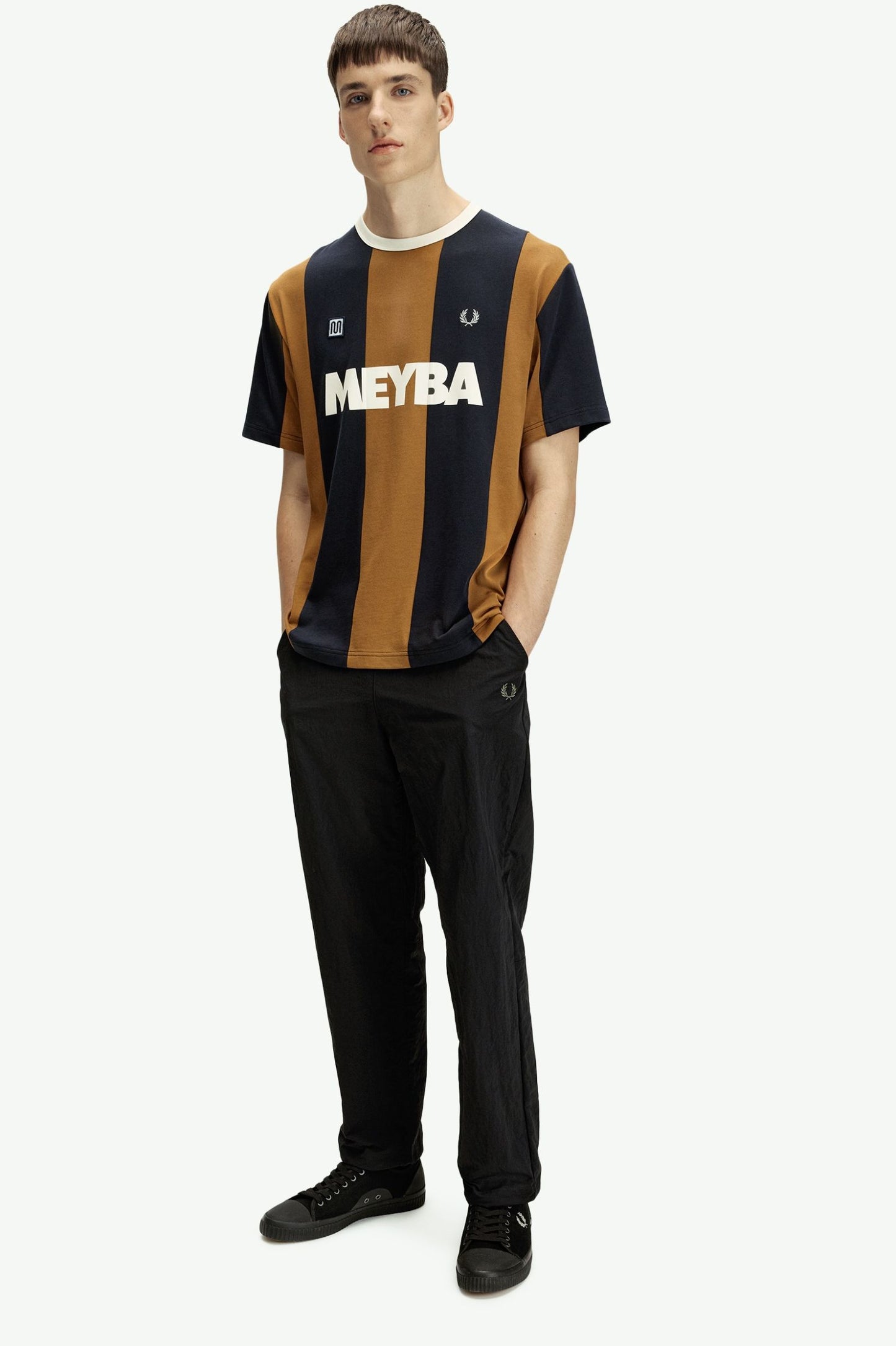 FRED PERRY X MEYBA PIQUE COTTON STRIPED T-SHIRT BLACK/BROWN XL RRP £85 BNWT