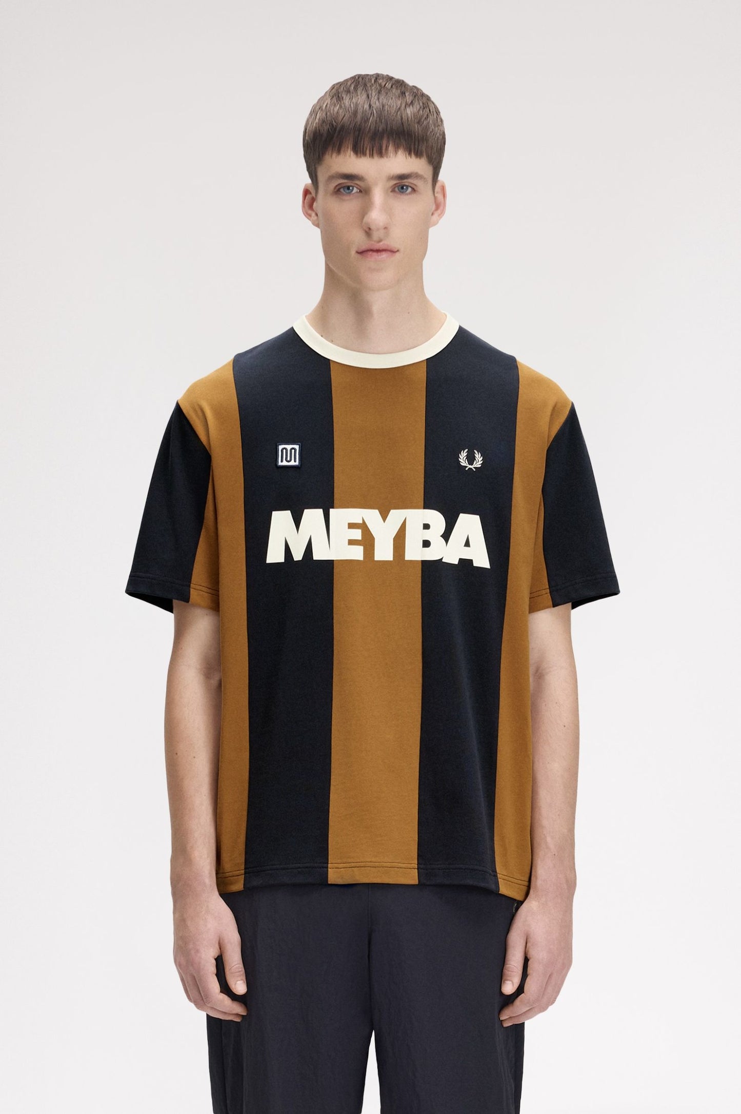 FRED PERRY X MEYBA PIQUE COTTON STRIPED T-SHIRT BLACK/BROWN XL RRP £85 BNWT
