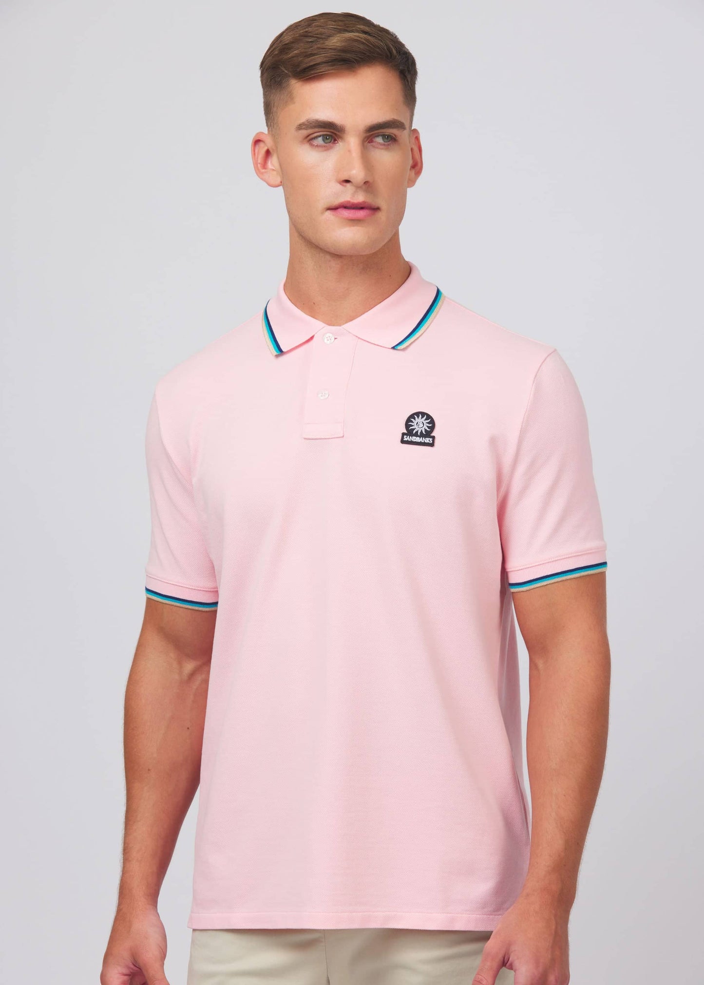 SANDBANKS BADGE LOGO TIPPED POLO SHIRT CRYSTAL ROSE PINK RRP £115 BNWT