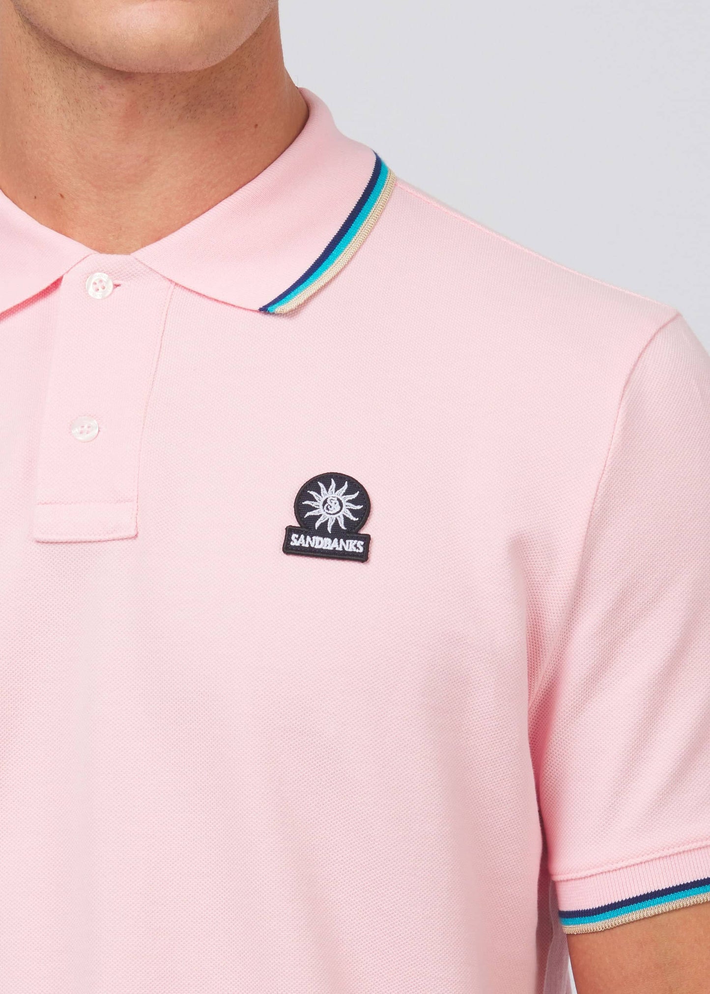 SANDBANKS BADGE LOGO TIPPED POLO SHIRT CRYSTAL ROSE PINK RRP £115 BNWT