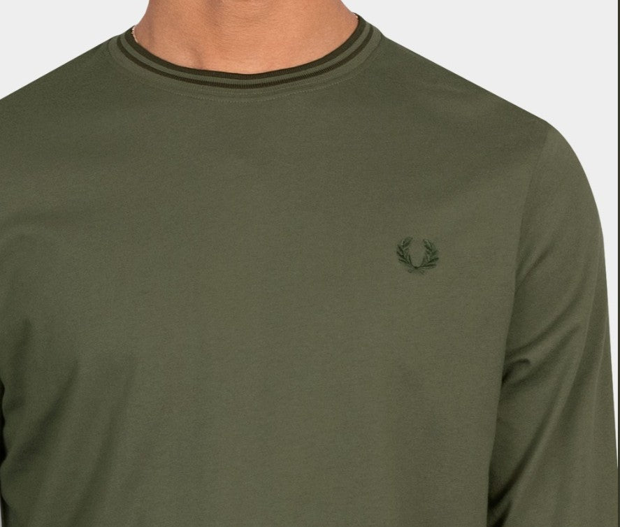 FRED PERRY TWIN TIPPED LONG SLEEVE COTTON T-SHIRT GREEN 2XL RRP £59 BNWT