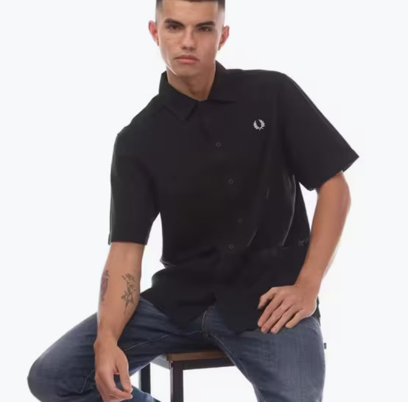 FRED PERRY LINEN PIQUE PANEL SHORT SLEEVE POCKET SHIRT BLACK 2XL RRP £95 BNWT