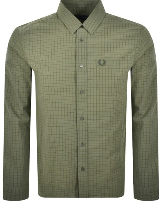 FRED PERRY GRID CHECK LONG SLEEVE COTTON SHIRT GREEN 2XL RRP £110 BNWT