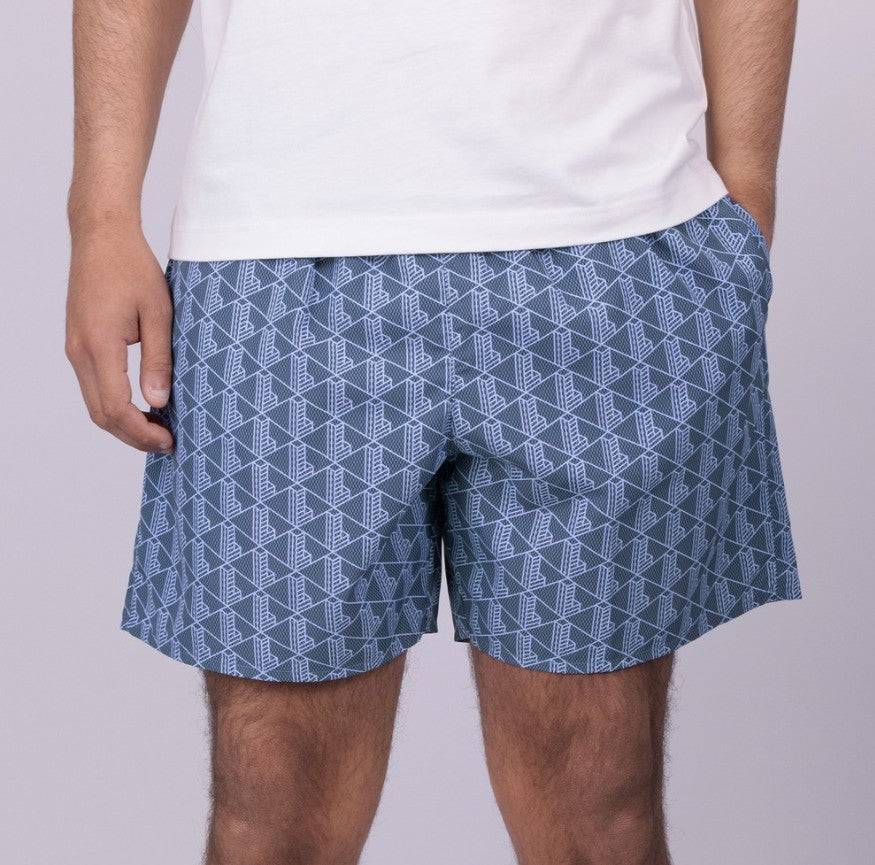LACOSTE MONOGRAM GEOMETRIC PRINT CROC LOGO SWIM SHORTS BLUE SMALL RRP £80 BNWT