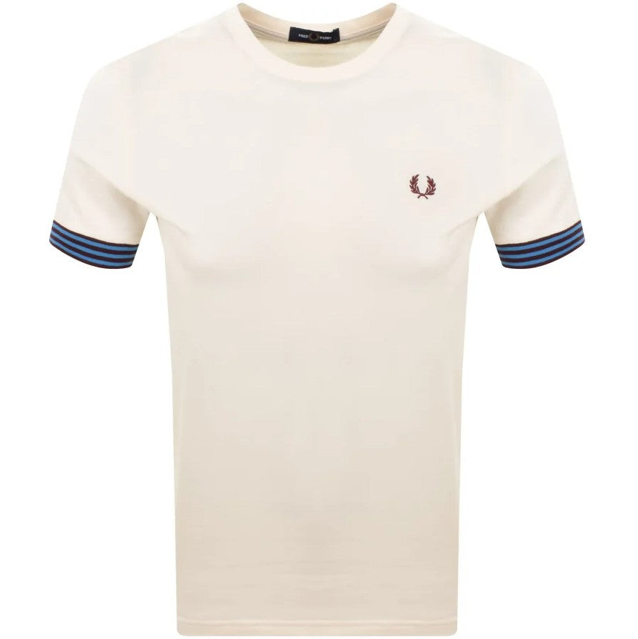 FRED PERRY STRIPED CUFF PIQUE COTTON T-SHIRT ECRU (CREAM) 2XL RRP £60 BNWT