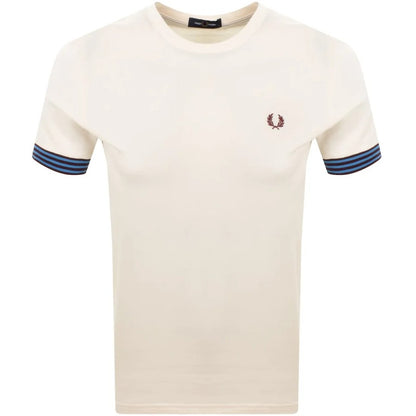 FRED PERRY STRIPED CUFF PIQUE COTTON T-SHIRT ECRU (CREAM) 2XL RRP £60 BNWT