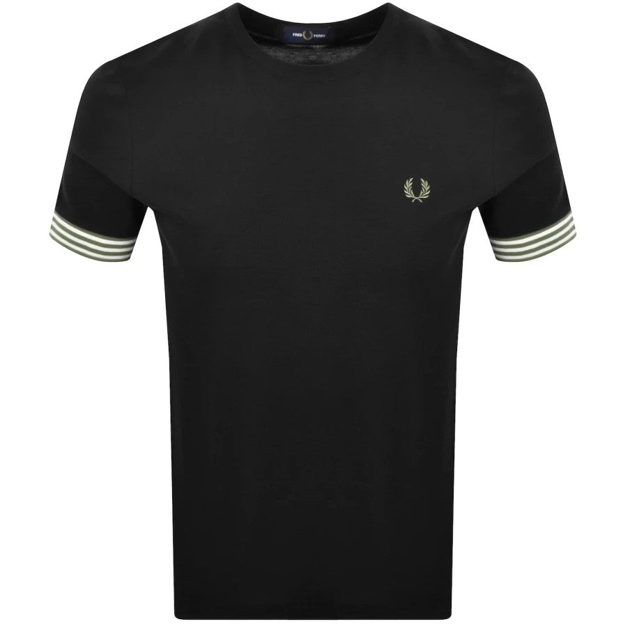 FRED PERRY STRIPED CUFF PIQUE COTTON T-SHIRT BLACK LARGE RRP £60 BNWT