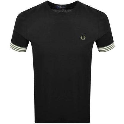 FRED PERRY STRIPED CUFF PIQUE COTTON T-SHIRT BLACK RRP £60 BNWT