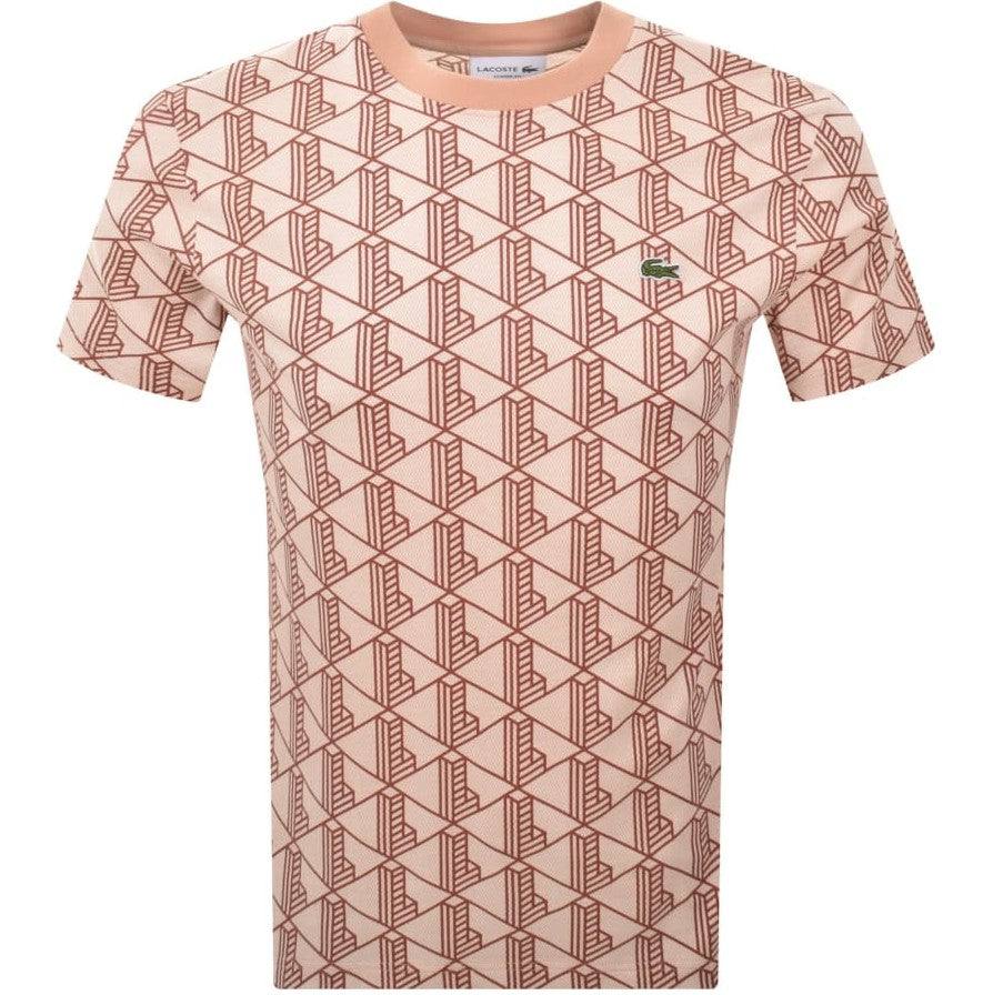 LACOSTE MONOGRAM GEOMETRIC PIQUE COTTON T-SHIRT BEIGE LIGHT BROWN 3XL RRP £90 BNWT