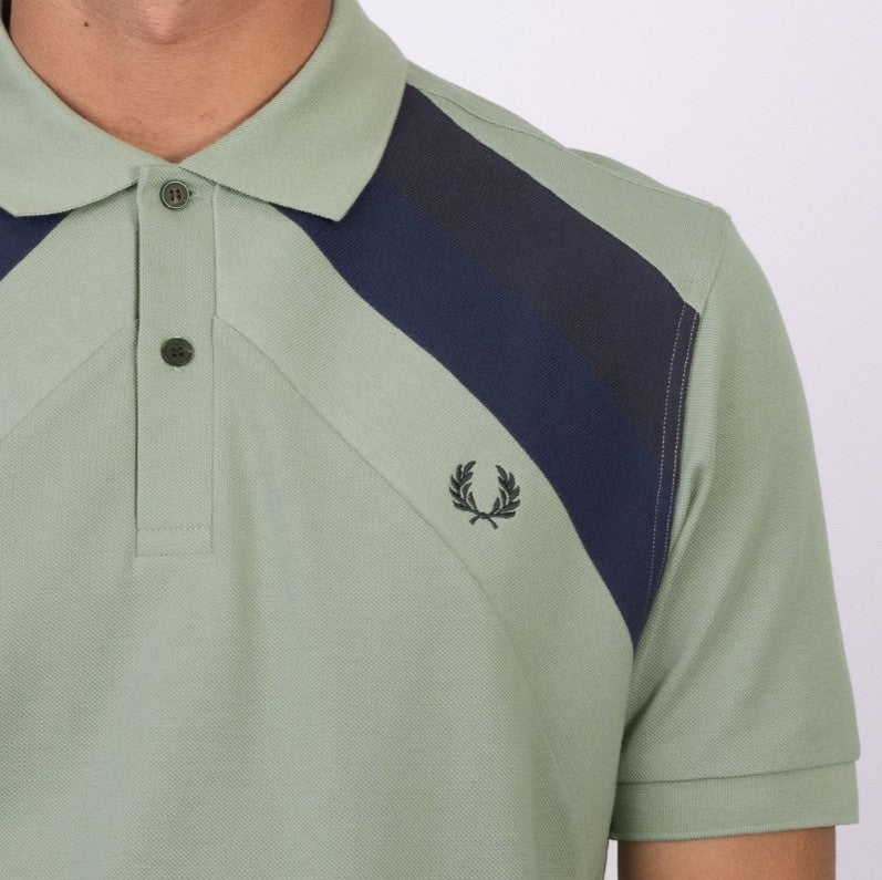 FRED PERRY STRIPED PANEL POLO SHIRT BAYLEAF GREEN MEDIUM RRP £95 BNWT
