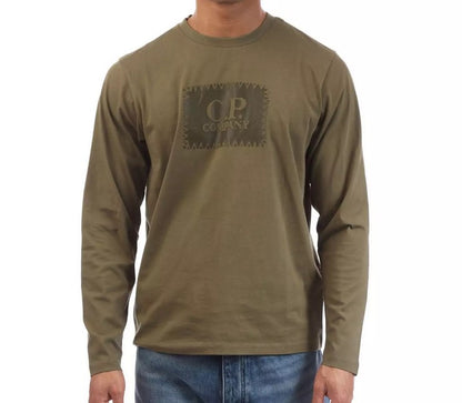 C.P. COMPANY LONG SLEEVE BOX LOGO COTTON T-SHIRT OLIVE GREEN L RRP £120 BNWT